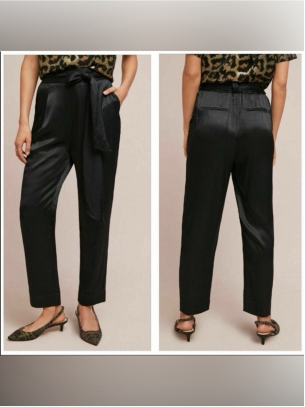 Anthropologie Ettitwa Black Satin Tie-Waist Tapered Pants Size 8